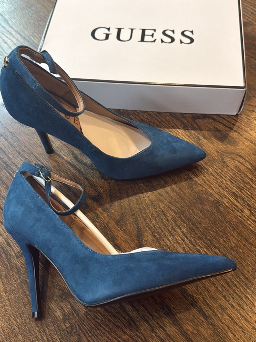 GUESS blue Suede Pointed-Toe Ankle-Strap Pumps